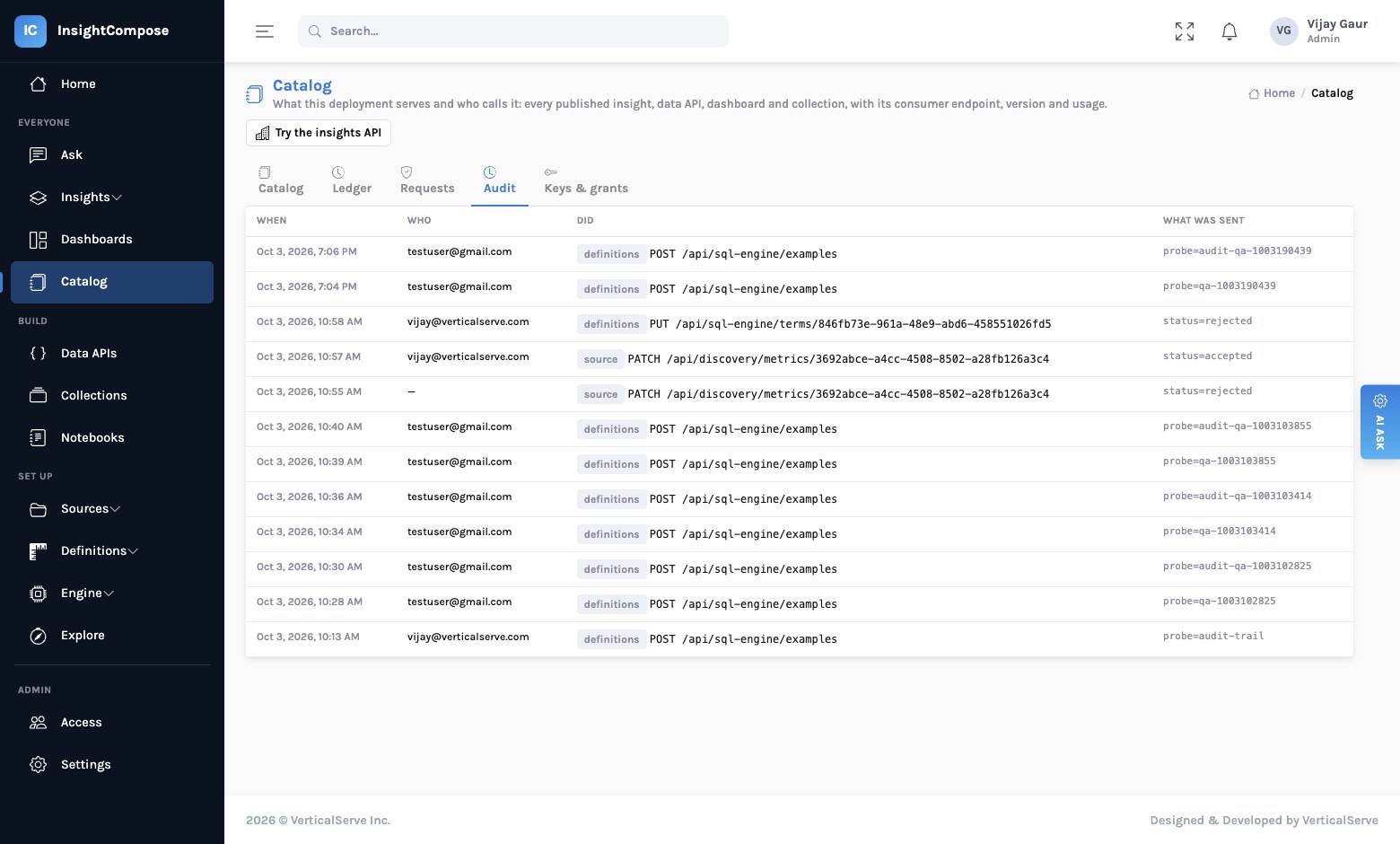 The Audit tab: definition changes newest first — kind, what changed, the actor, the time and the payload — for metric acceptances, term confirmations, schema reviews and example edits.