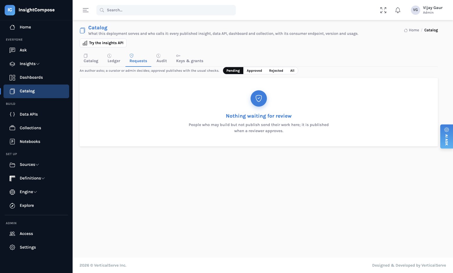 The Requests tab: publish requests with the object, its kind, who asked and when, the note for the reviewer, and for a reviewer the Approve and publish or Reject actions; decided requests show the reviewer and the decision.