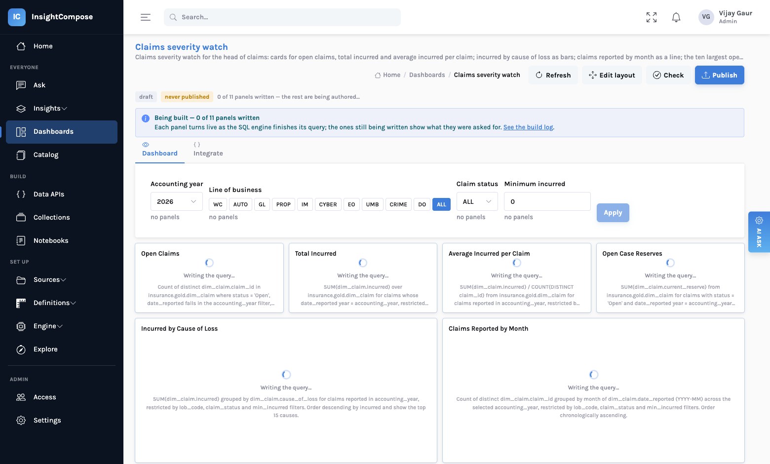 A dashboard being built: a banner saying 0 of 11 panels written, a filter bar already in place for accounting year, line of business, claim status and minimum incurred, and each panel showing a spinner, 'Writing the query…' and the sentence it was asked for.