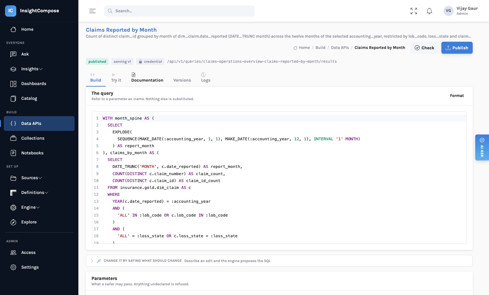 The build tab of a data API showing the SQL template with named placeholders and the parameter editor beneath it with name, type and default