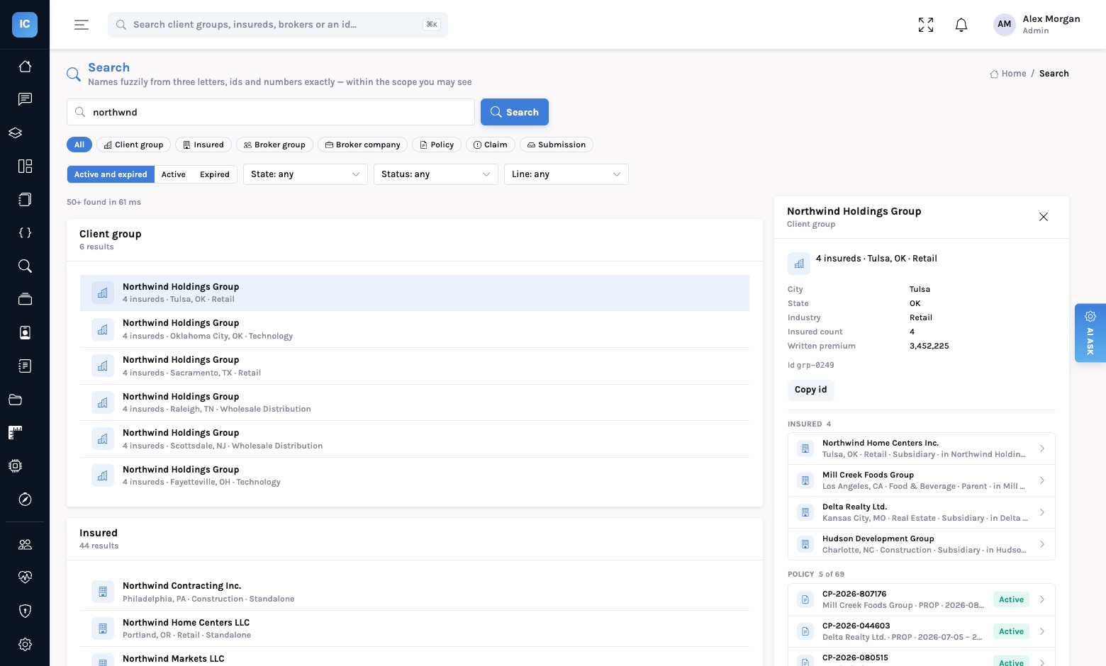 The Search page for the misspelt 'northwnd': type chips, active and expired toggles and filters; six Northwind Holdings Group client groups told apart by city and industry; and a side panel listing one group's insureds and its active policies.