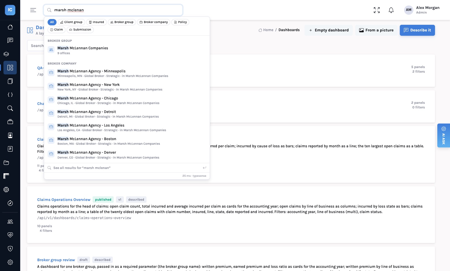 The header search box with 'marsh mclenan' typed: Marsh McLennan Companies under Broker group with '9 offices', then seven Marsh McLennan Agency offices under Broker company, each with city, tier and 'in Marsh McLennan Companies'; the footer reads 154 ms, typesense.